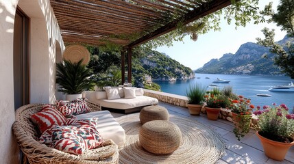 Boho terrace with woven lounge chairs colorful cushions and Mediterranean plants