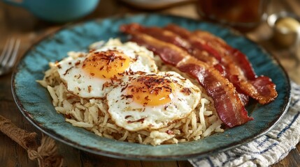 Delicious Breakfast Plate with Eggs, Bacon, and Hash Browns