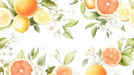 Bright watercolor pattern of tropical citrus fruits and blossoms, with oranges