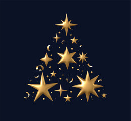 Fototapeta premium Christmas tree golden star. 3D stars realistic gold metallic starry shapes and confetti in Christmas tree composition. Xmas winter holiday concept. Vector background.