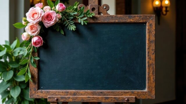 A dark green chalkboard with a rustic wooden frame is decorated with a lovely arrangement of pink roses and greenery. Concept of elegant wedding decor.
