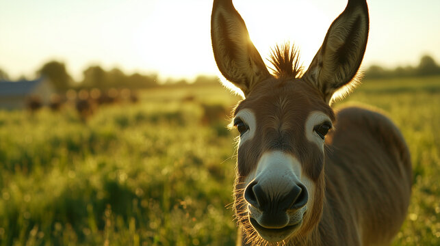 Esel steht auf Wiese und schaut neugierig in die Kamera