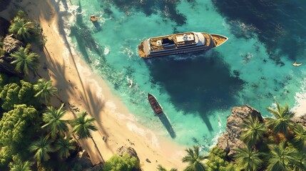 Luxury Cruise Ship Anchored Near Tropical Beach Paradise