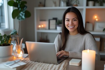 Fototapeta premium A cheerful woman sits at her desk with a laptop, surrounded by warm decor, creating a cozy and productive atmosphere for work or study.