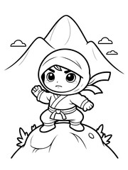 Little Ninja on a Mountain Peak: A Coloring Page Adventure