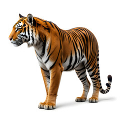 Obraz premium Tiger isolated on a white background, Side view, tiger standing full HD image generated by Ai. full body, realistic, full detail looking at the camera,