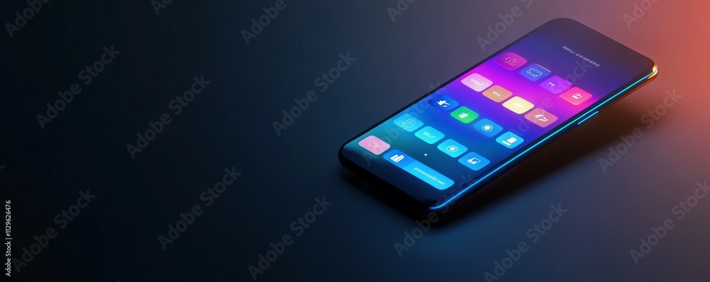Poster floating smartphone with app interface in neon colors, futuristic mockup, immersive design showcase