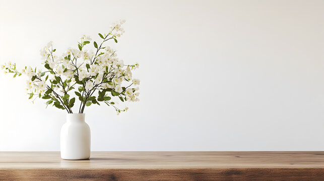 una mesa de madera con un florero o jarron blanco con flores decorativas y elegantes sobre un fondo con espacio de copia
