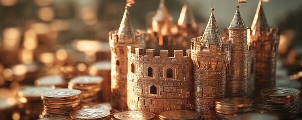Fortress made of coins under attack by financial arrows, defending currency
