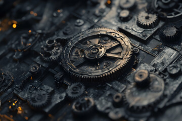 Close-up of gears and intricate metal components in a factory setting, abstract industrial aesthetics, AI Generated