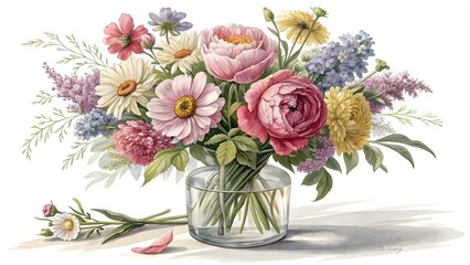 Obraz premium a colorful bouquet of flowers in a simple glass va (1)