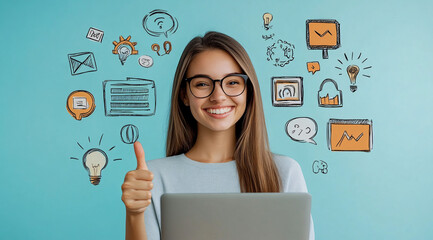 A smiling woman in glasses is holding an open laptop and giving a thumbs up, with digital marketing icons floating above her head on a light blue background. The concept of using AI technology 
