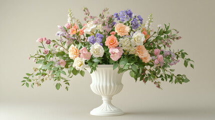 Naklejka premium un jarron o florero elegante con un ramo de flores decorativas en colores pastel y ramas de hojas verdes al centro diseño floral y decorativo