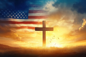 American Flag with Christian Cross at Sunset