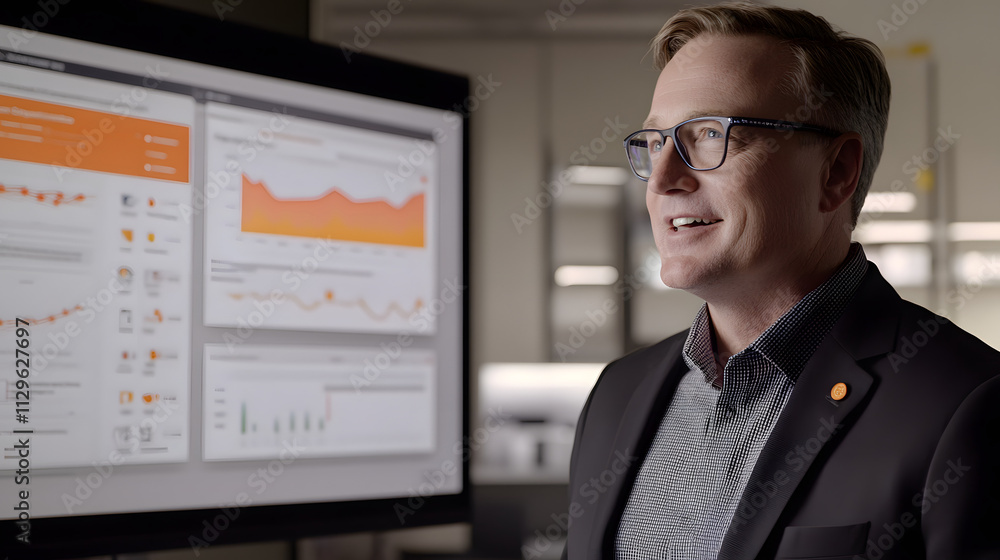 Poster a businessman in glasses looks thoughtfully at a large screen displaying graphs and charts. he's in 