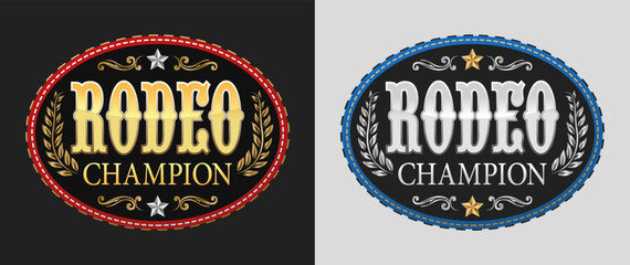 Rodeo Champion Cowboy Label belt buckle old west cowboy style emblem vector oval design