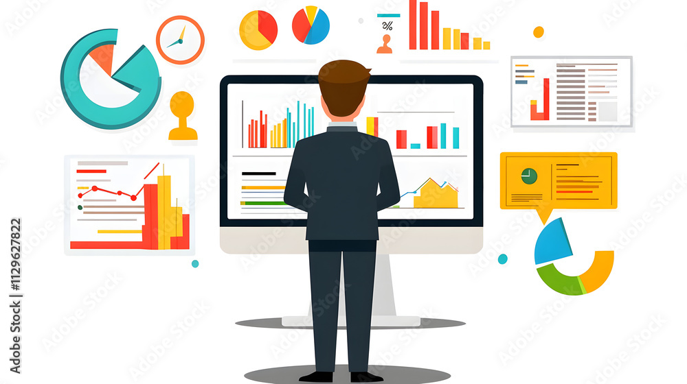 Poster a businessman stands before a large computer screen displaying various charts and graphs, illustrati