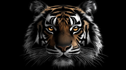 Fototapeta premium Colorful illustration of tiger head on black background. Generative AI