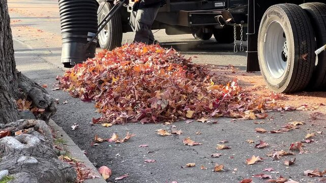 4K HD video of city workers vacuuming leaves off a street. The City of Alameda's urban forest is given a high priority, including clean up of leaves falling each year.
