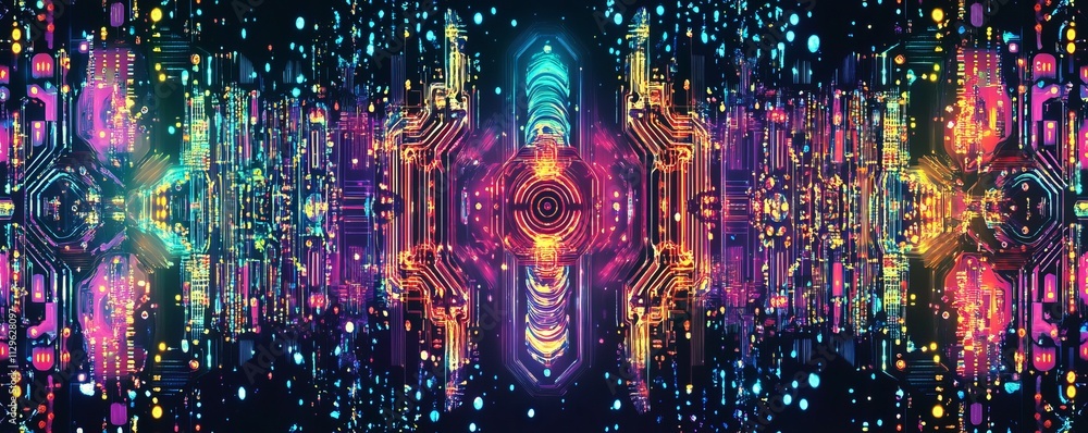 Poster hightech pattern with circuit lines and neon glow, immersive design, techinspired