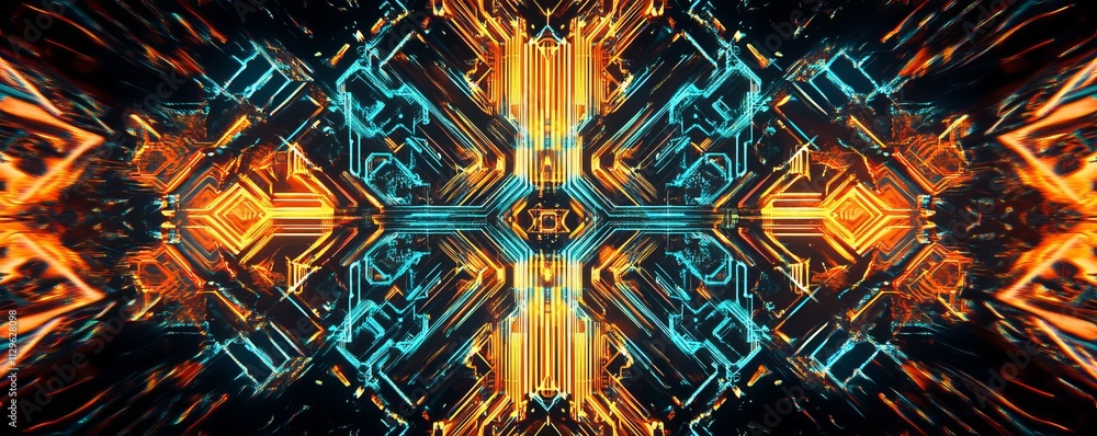 Poster hightech pattern with circuit lines and neon glow, immersive design, techinspired