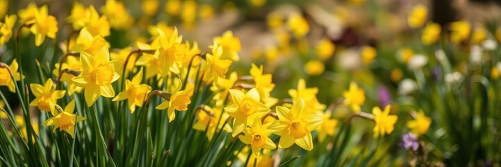 Fototapeta premium Vibrant daffodil flowers blooming in a picturesque field under the bright sun, beautiful, countryside