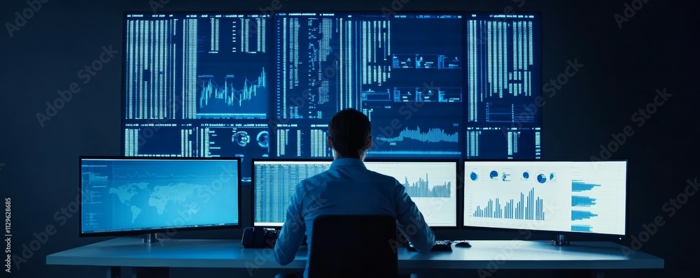 Poster inventory manager analyzing stock data on large screen, data graphs and charts, modern tech workspac
