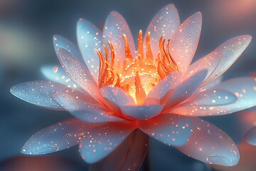 Radiant lotus flower with each petal representing a different world religion glowing brightly as it blooms against a soft abstract backdrop of colors