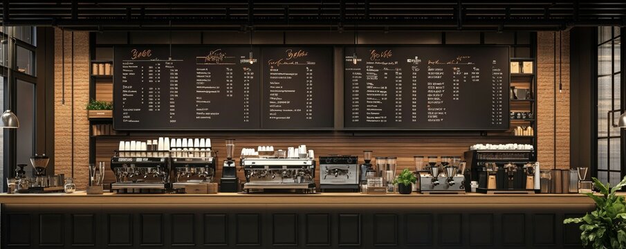 Industrialstyle coffee shop menu board with bold, clean typography, espresso machines in the background