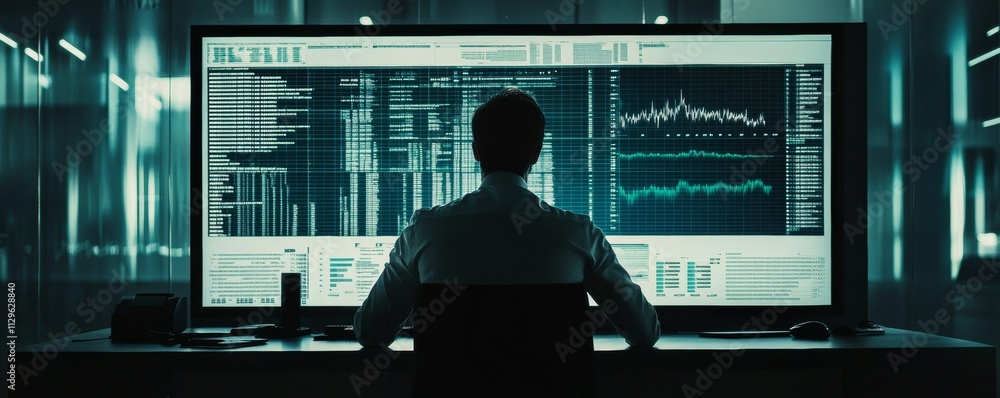 Poster inventory manager analyzing stock data on large screen, data graphs and charts, modern tech workspac