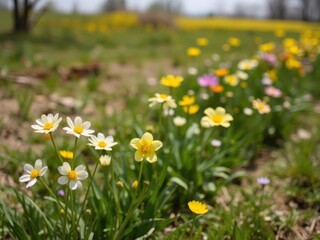 Obraz premium Vibrant yellow daffodil flowers blooming in a lush green field under the bright sun, spring, floral, countryside