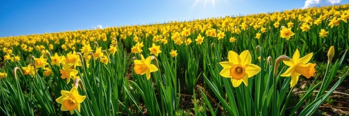 Obraz premium Vibrant yellow daffodil flowers blooming in a lush green field under the clear blue sky, bloom, flowers