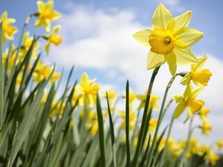 Vibrant yellow daffodil flowers blooming in a vast green field under a clear blue sky, fresh, sky, yellow