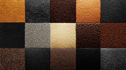 Fototapeta premium A collection of raw fur swatches arranged to highlight their natural textures, animal hide patterns, and luxurious crafting potential.