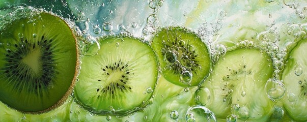 Kiwi slices and bubbles in sparkling water, exotic freshness, invigorating splash