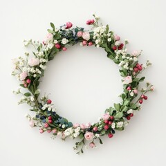 a floral wreath made of colorful fresh spring  roses and carnation against white background. Wedding or valentine seasonal concept