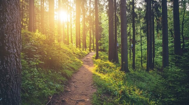 A scenic view of a winding trail leading through a dense forest, with sunlight filtering through the trees. A hiker is seen walking along the path, emphasizing the beauty and serenity of nature
