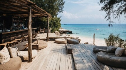 Obraz premium Serene Beach Bar with Comfortable Seating and Ocean View