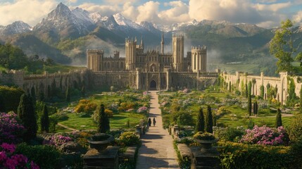 Obraz premium Majestic Castle Surrounded by Lush Gardens and Towering Mountains