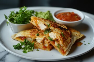 Grilled tortilla filled with cheese and chicken typically accompanied by salsa sour cream and guacamole