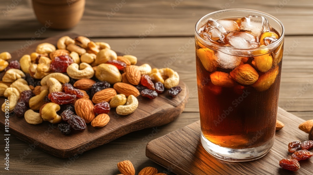 Poster refreshing drink with ice and assorted nuts on wooden table