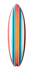 Vibrant surfboard design with colorful stripes on a sleek surface. Generative AI