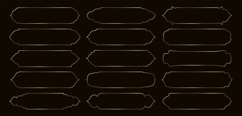 Arabic golden frames. Ramadan banners, Islamic gold luxury ribbons, muslim retro tags. Arabic text box and vintage title frame vector isolated set.