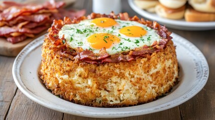 Delicious Breakfast Casserole Topped with Bacon and Eggs