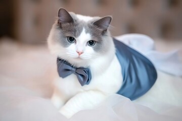 A sophisticated white cat is elegantly dressed in a stylish bow tie, lounging gracefully as it exudes charm and poise, set against a soft, ambient background.