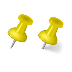 The yellow Colorful thumbtack. Glossy plastic pin tacks. Yellow pushpin icon isolated on white. Pins tacks. Realistic pushpins. Vector 3d illustration. Office stationery. 