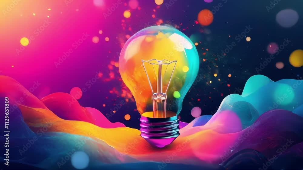 Poster light bulb on colorful abstract waves, representing bright ideas, innovation, creativity, and inspir