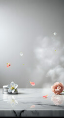 Elegant Marble Background with White Flower, Rose Petals, and Ethereal Mist

