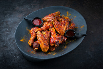 Authentical barbecue chicken wings and drumsticks with hot chili and grill sauce served as close-up on a design plate
