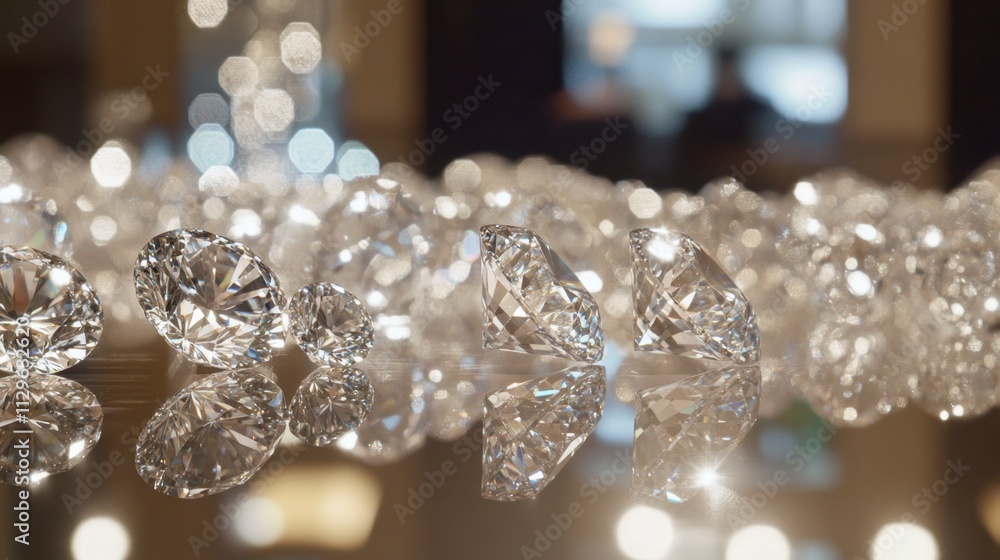 Poster sparkling diamonds on a reflective surface with bokeh background